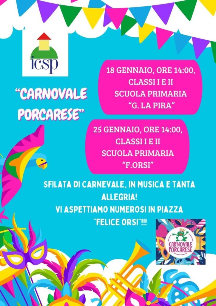 locandina del carnevale porcarese gennaio 2026 scuole primarie